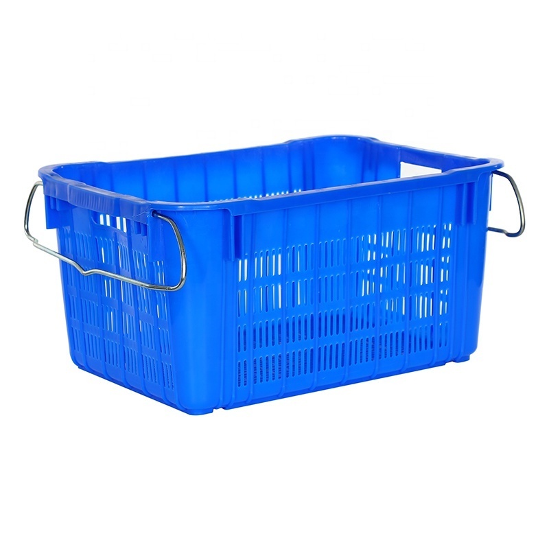 Harvest Plastic Ventilated Box Stack Nest Transport Mesh Crate Basket For Vegetable Fruit Storage Crate with Metal Handle