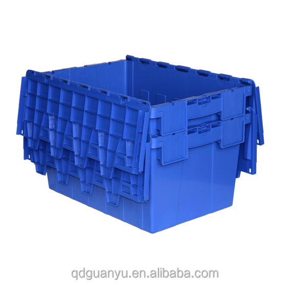 Custom plastic logistic storage tote crate for storage and moving attached lid container box