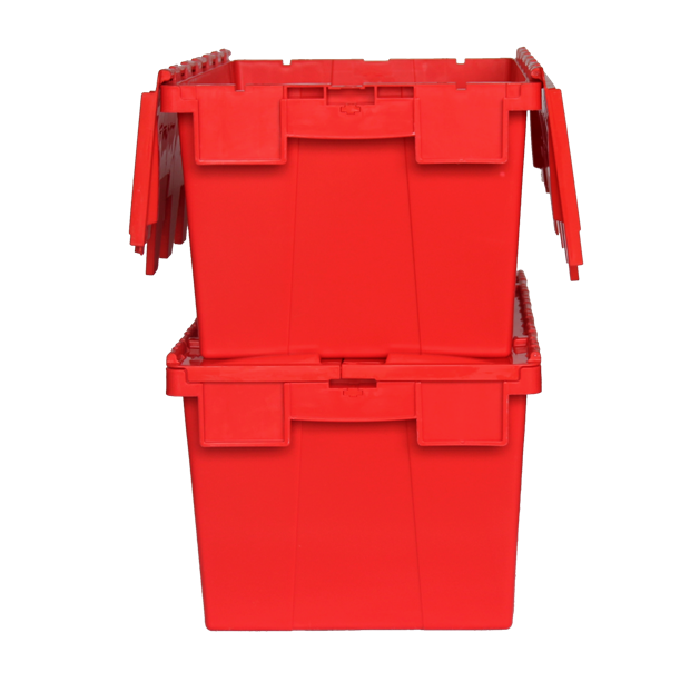 Custom plastic logistic storage tote crate for storage and moving attached lid container box