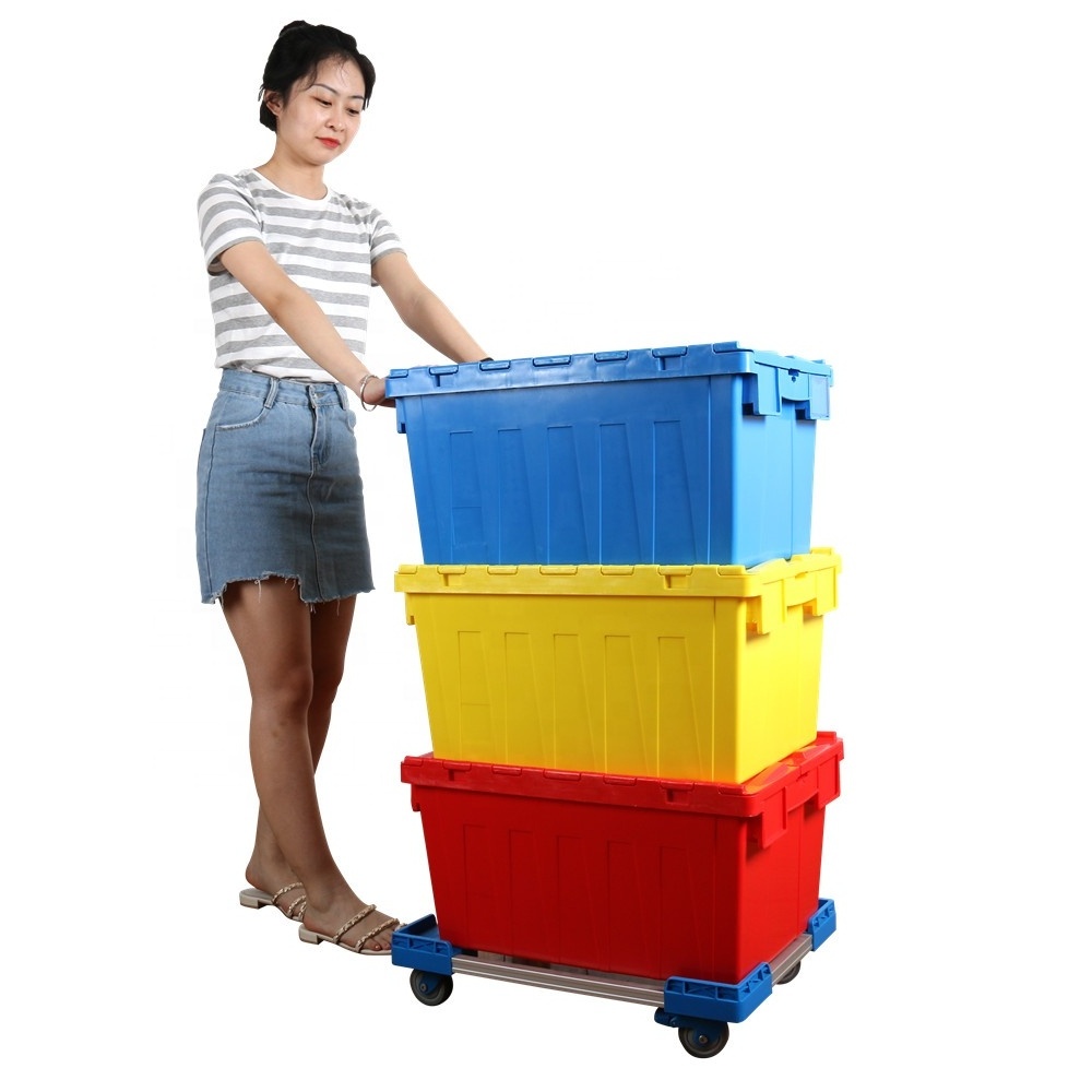 Custom plastic logistic storage tote crate for storage and moving attached lid container box