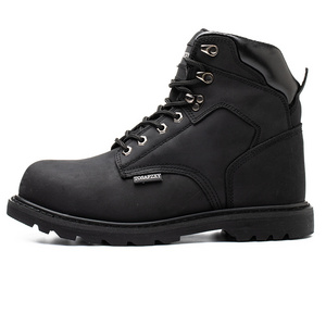 Steel Toe All Black Genuine Leather Work Boots For Men