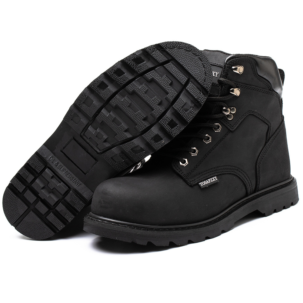 Steel Toe All Black Genuine Leather Work Boots For Men