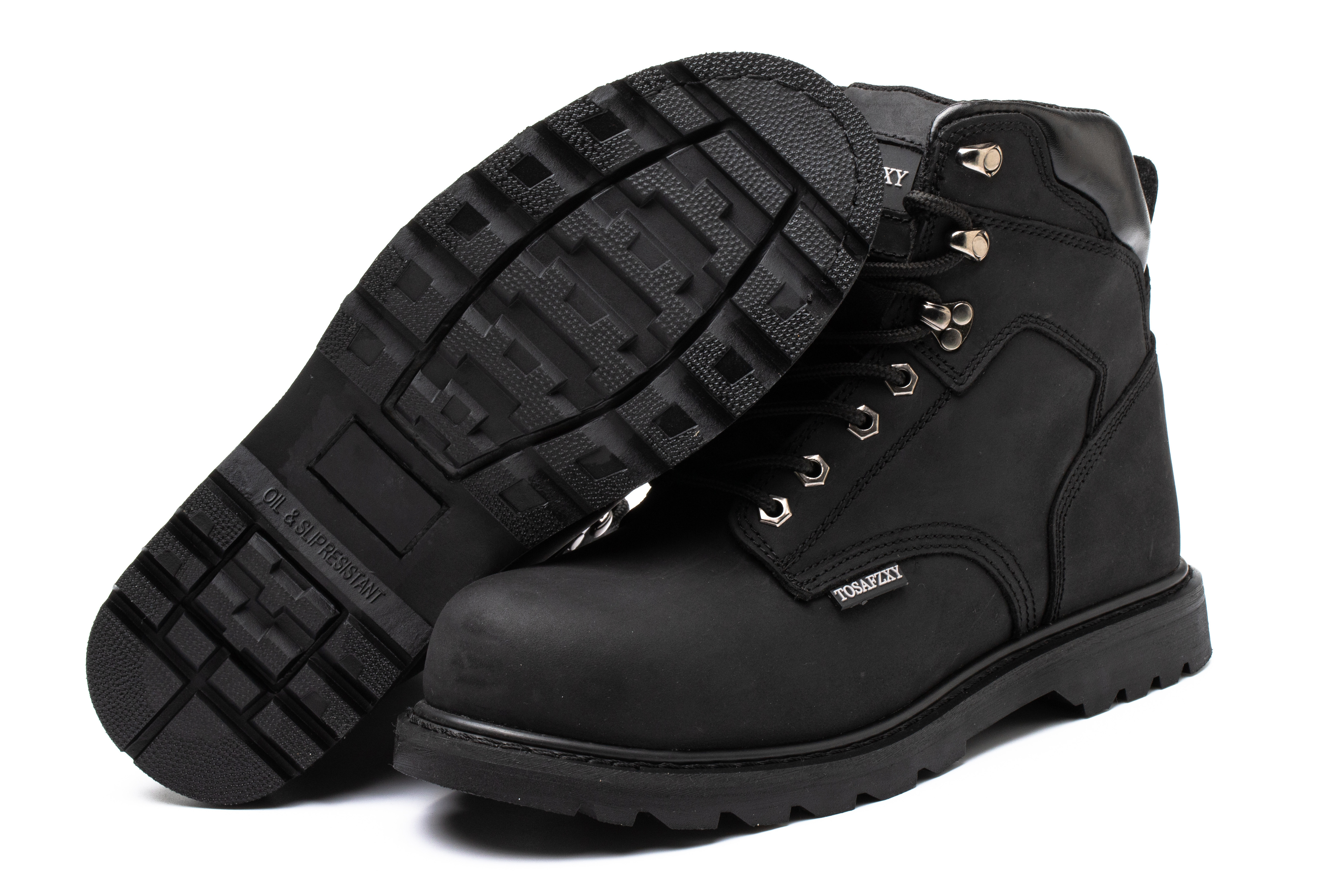 Steel Toe All Black Genuine Leather Work Boots For Men Safety