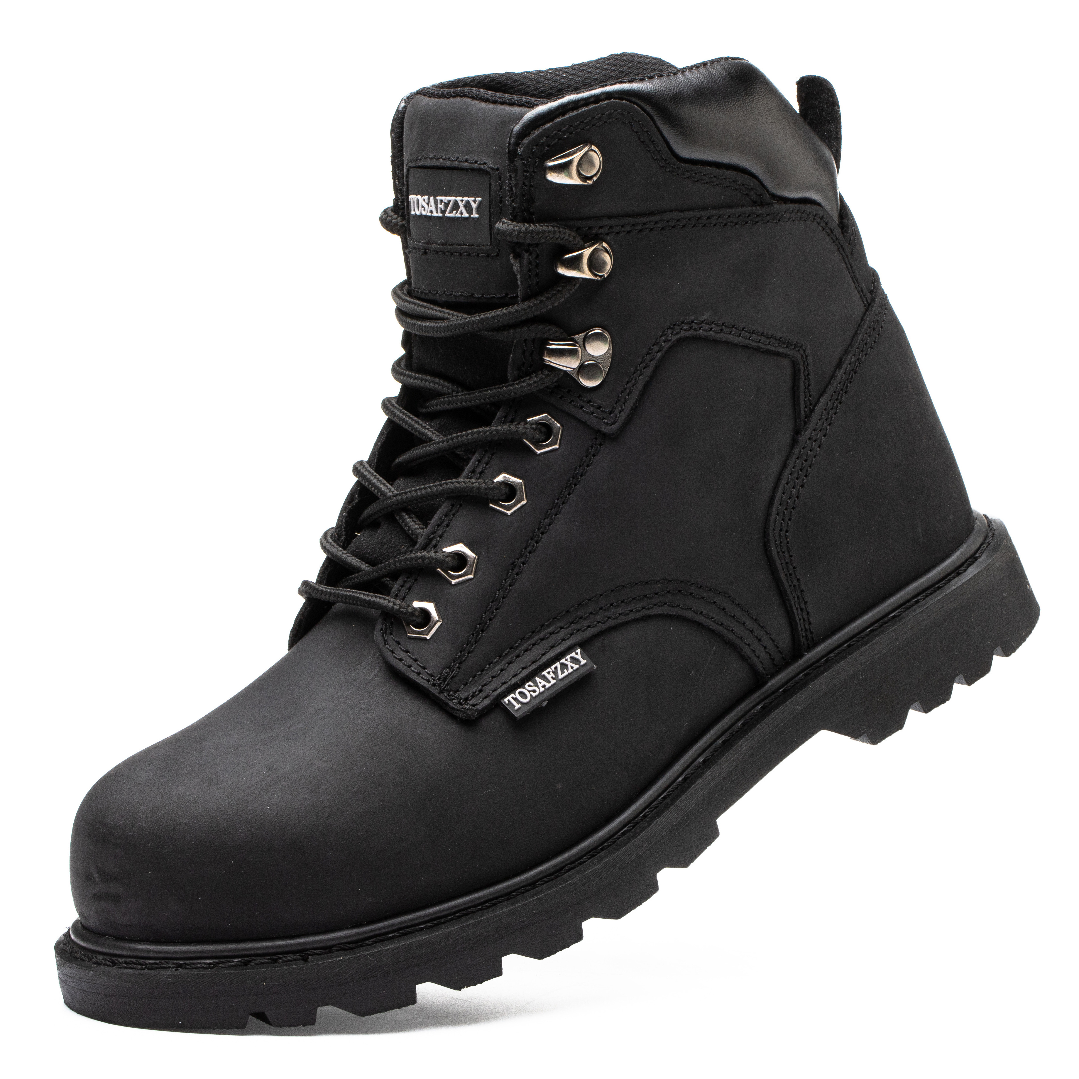 Steel Toe All Black Genuine Leather Work Boots For Men Safety