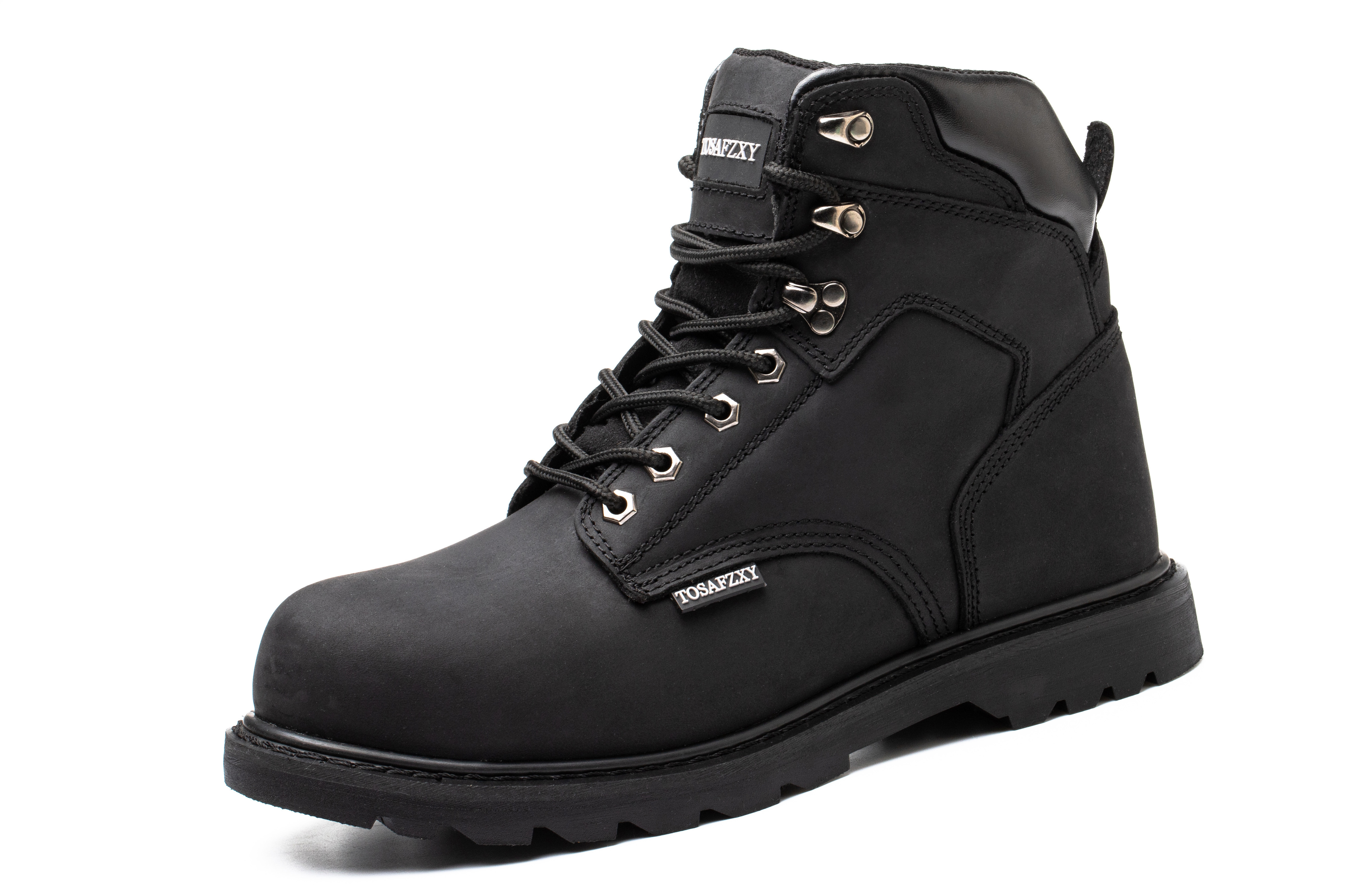 Steel Toe All Black Genuine Leather Work Boots For Men Safety