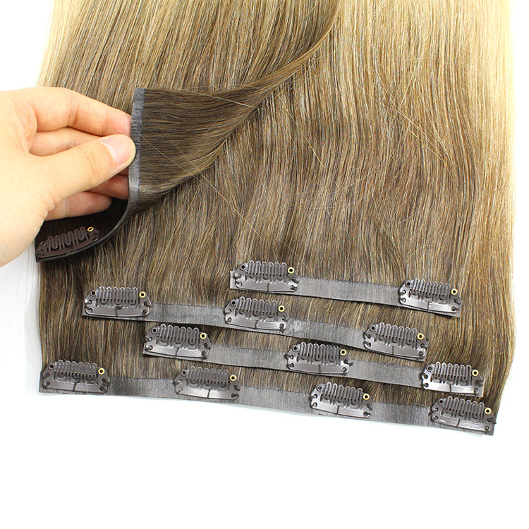 2024 New Arrive Balayage Double Drawn Virgin PU Clip In Hair Extension Remy Hair Seamless Clip In Hair Weft