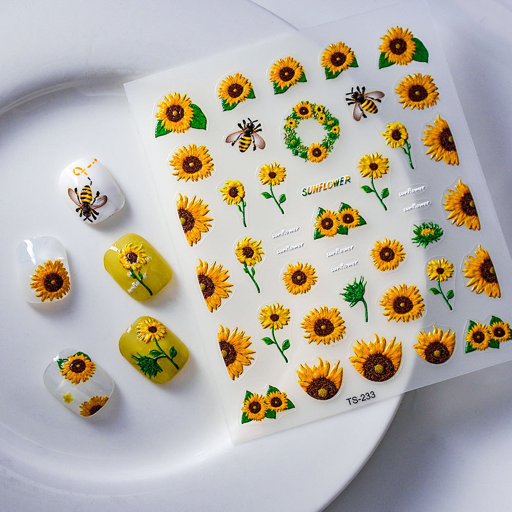 Wholesale Hot Sale 5D Flower Sunflower Nail Stickers Luxury Cartoon Nail Art Decoration Nail Wrap Stickers