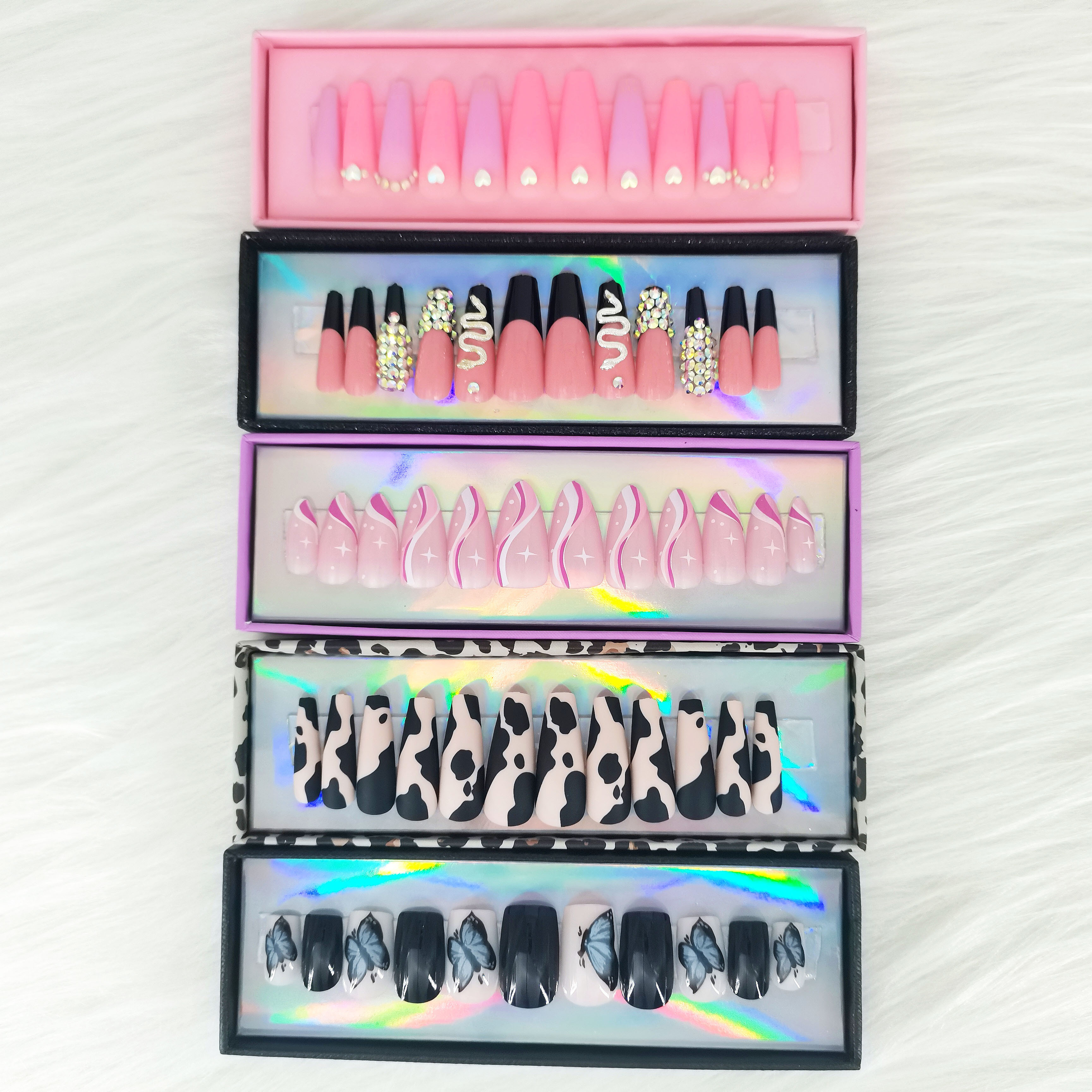 24Pcs/Set With Sticker/Glue Ballerina Full Cover Long Coffin Designed Press on Nails Art Tips Customized Packaging With Windows