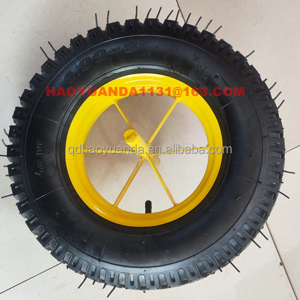 16 INCH  4.00-8 wheelbarrow wheel with solid steel axle 8PR pneumatic rubber wheelbarrows wheel heavy duty style wagon wheel