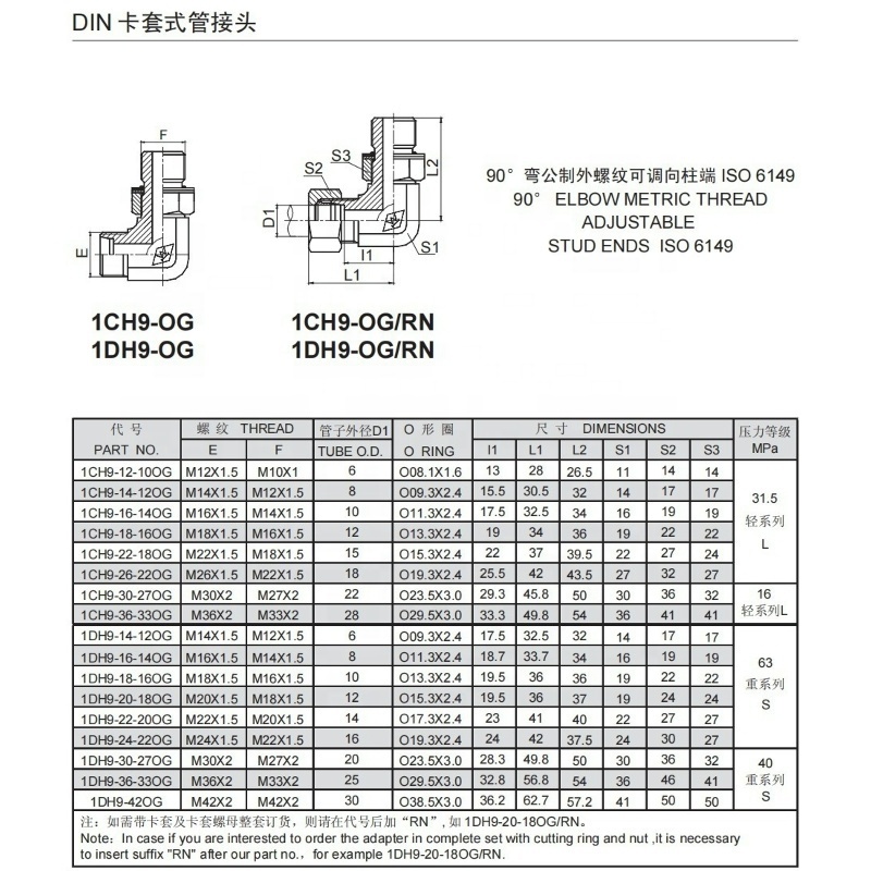 HONA 1CH9-OG Stainless steel 90 Degree Elbow BSP Fitting Adapter Adjustable Stud Ends with O-ring Sealing Hydraulic Adapter