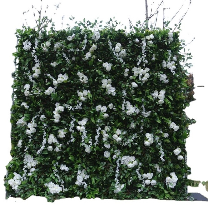 5D Fabric White Rose Milan Hanging Plant Green Grass Wall Wedding Flower Wall Backdrop HQ006