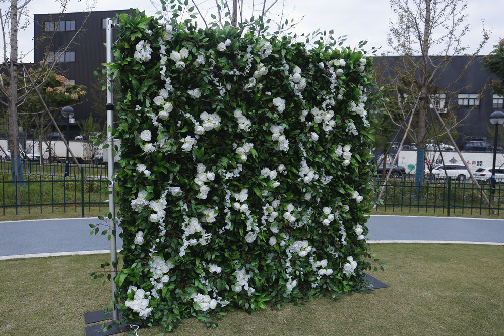 5D Fabric White Rose Milan Hanging Plant Green Grass Wall Wedding Flower Wall Backdrop HQ006