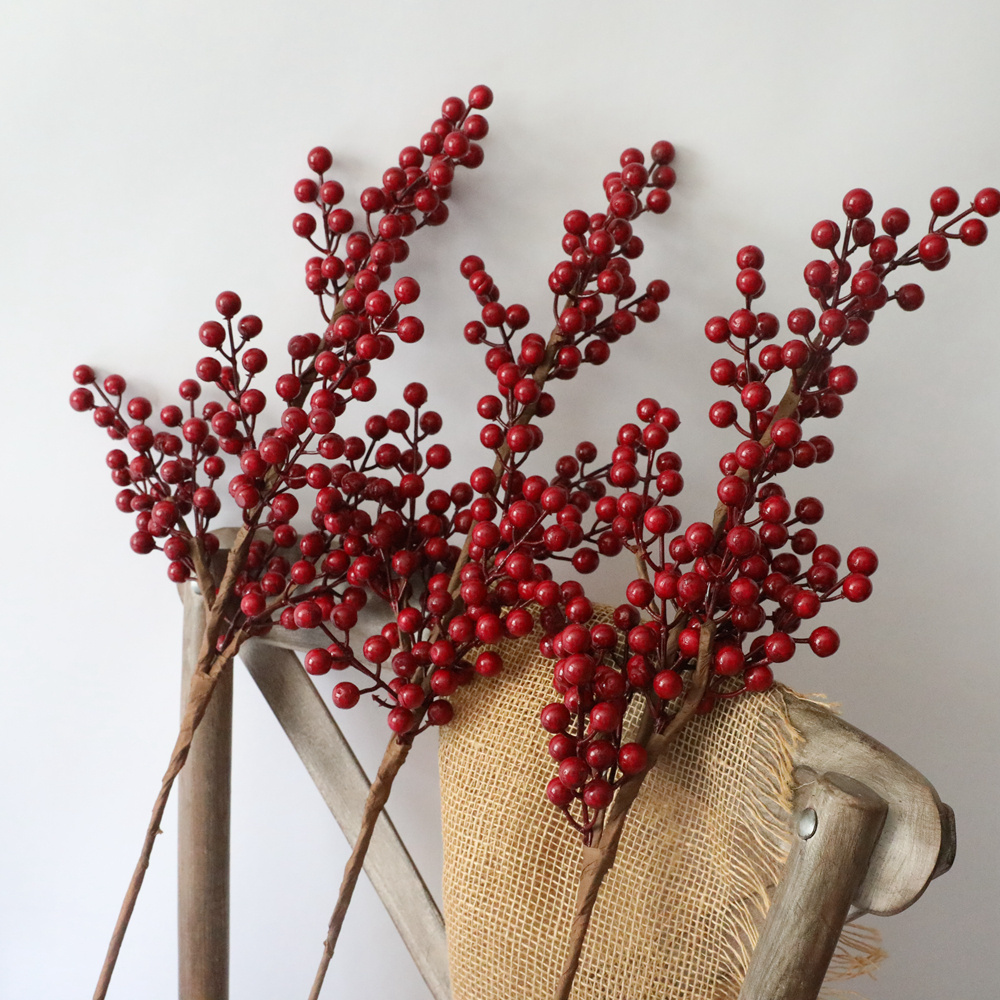 New Fashion Artificial Flowers Holly Red Foam Fruit Berry Branch For Christmas Home Decor HQW61204