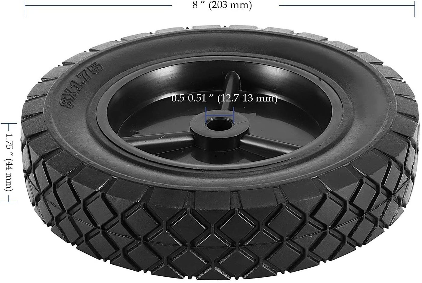 8 x 1.75 inch Solid Rubber Hand Truck Wheel, Universal Flat Free Lawn Mower Wheels with 1/2 Inch Axle