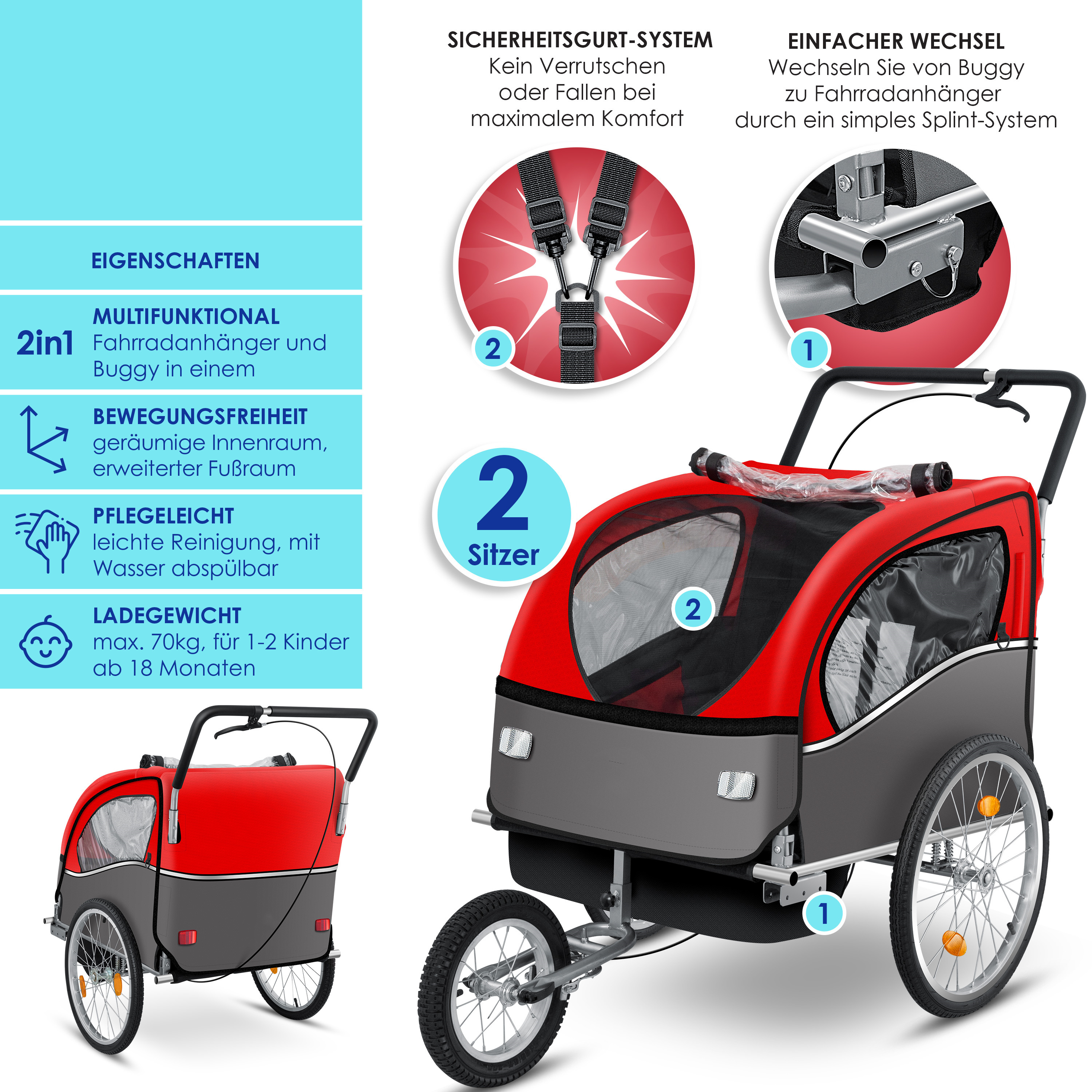 Children Bike Trailer 2 in 1 Kids Jogger Stroller Child Bicycle Trailer Transport Buggy Carrier for 2 kids