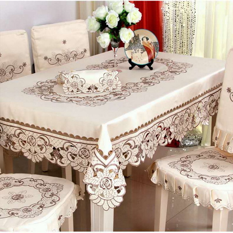 Wholesale 100%polyester satin fabric embroidery table cloth with hand cutwork