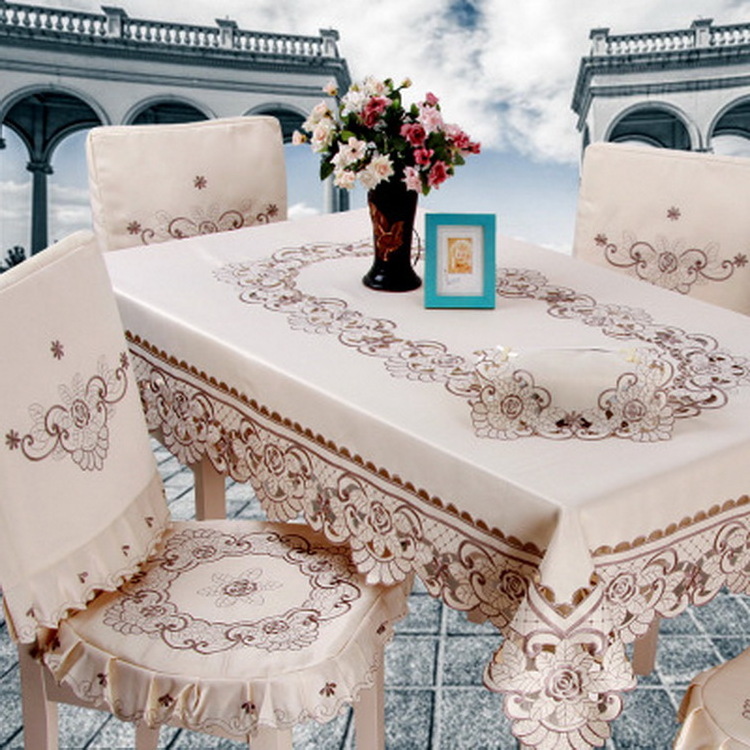 Wholesale 100%polyester satin fabric embroidery table cloth with hand cutwork