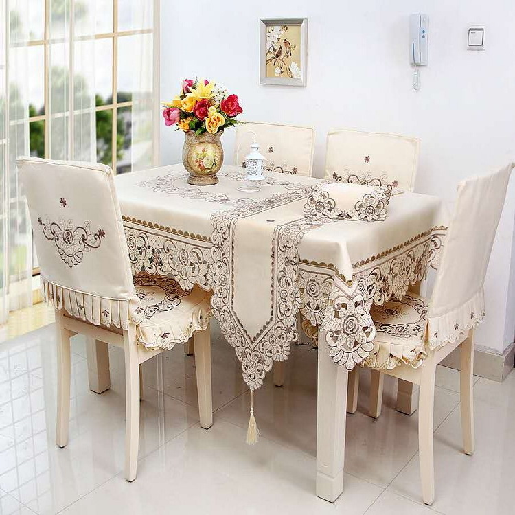 Wholesale 100%polyester satin fabric embroidery table cloth with hand cutwork