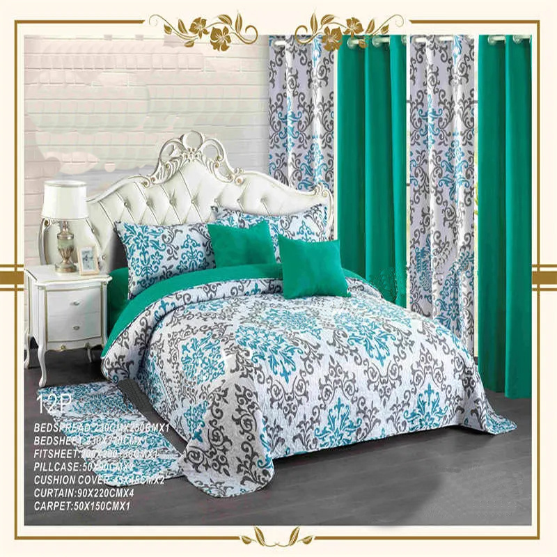 Wedding Bedding Sets With Matching Curtains 8pc 10pc 12pc curtains with Quilted quilt bed cover bedding set