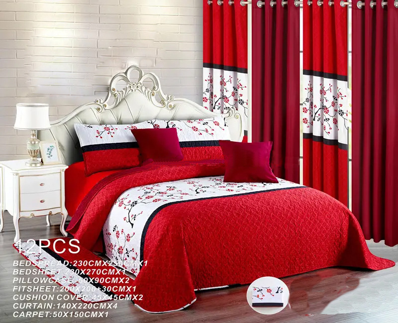 Wedding Bedding Sets With Matching Curtains 8pc 10pc 12pc curtains with Quilted quilt bed cover bedding set