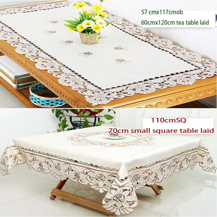 Wholesale 100%polyester satin fabric embroidery table cloth with hand cutwork