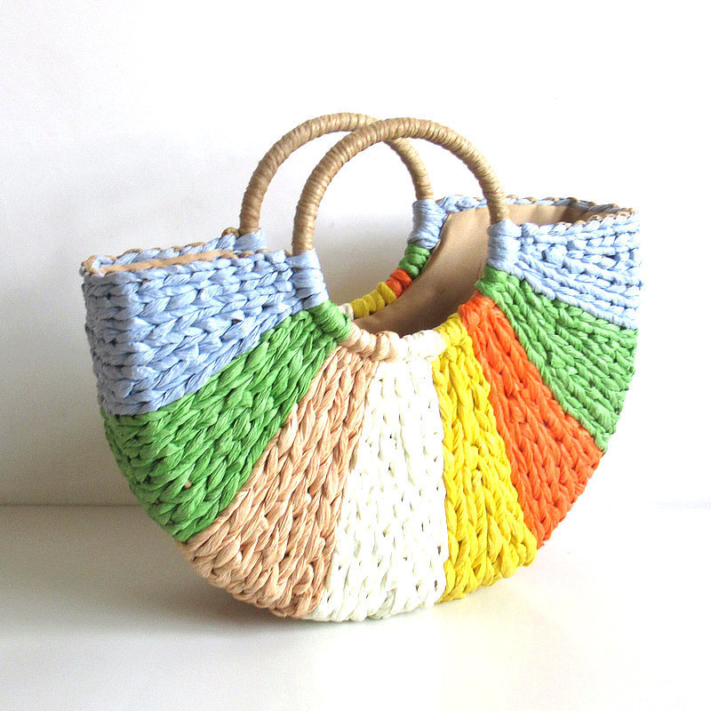 Women Summer Fasion Bags Round handle Straw Bag shawl style  Handbag Colorful  Lady`s Bag