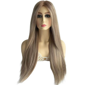 Top Quality highlights customized  Soft Silicone Base silk Top Human Hair Medical Wig for cancer silk top jewish wig for women