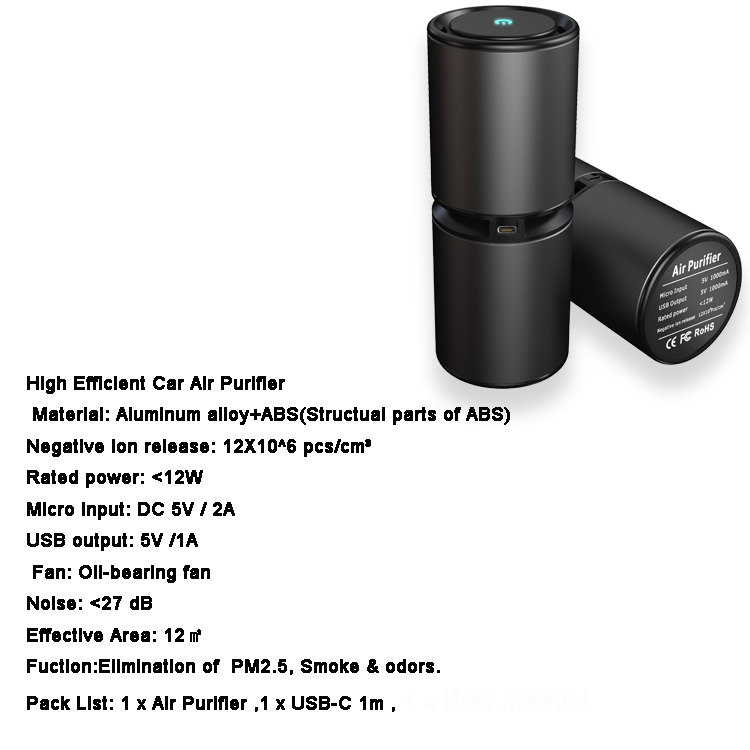 PM2.5 Ionizer Filter Air Cleaner Small Activate Carbon Ozone Air Purifier Portable Mini USB UVC Anion Car Air Purifier