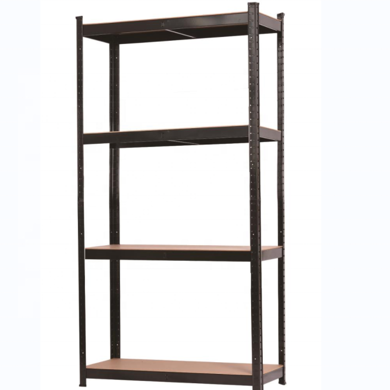 Powder coated black 100kg load 4 tiers mdf board boltless steel storage metal rack shelf