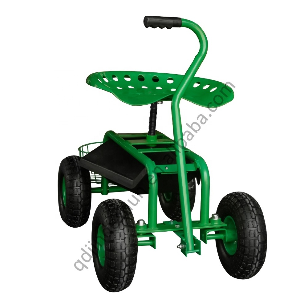 KINDE Adjustable Gardening Tool Trolley With Work Seat and Basket metal garden rolling cart stroller wagon r