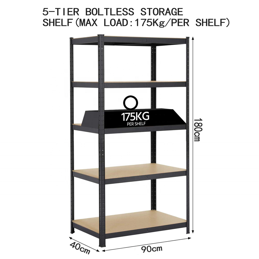 KINDE 5 Tier Heavy Duty Boltless Rack adjustable Metal Racking Shelves Garage Shelving 180x90x40CM 875KG Black