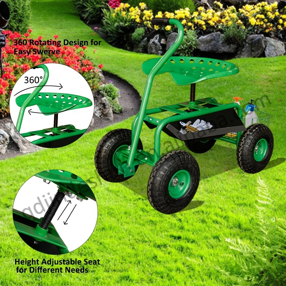 KINDE Adjustable Rolling Garden Cart Gardening Tool Trolley With Work Seat and Basket