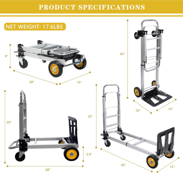 Heavy Duty 2-in-1 Convertible Luggage Cart and Dolly Portable Stretchable Aluminium Folding Hand Truck Dolly