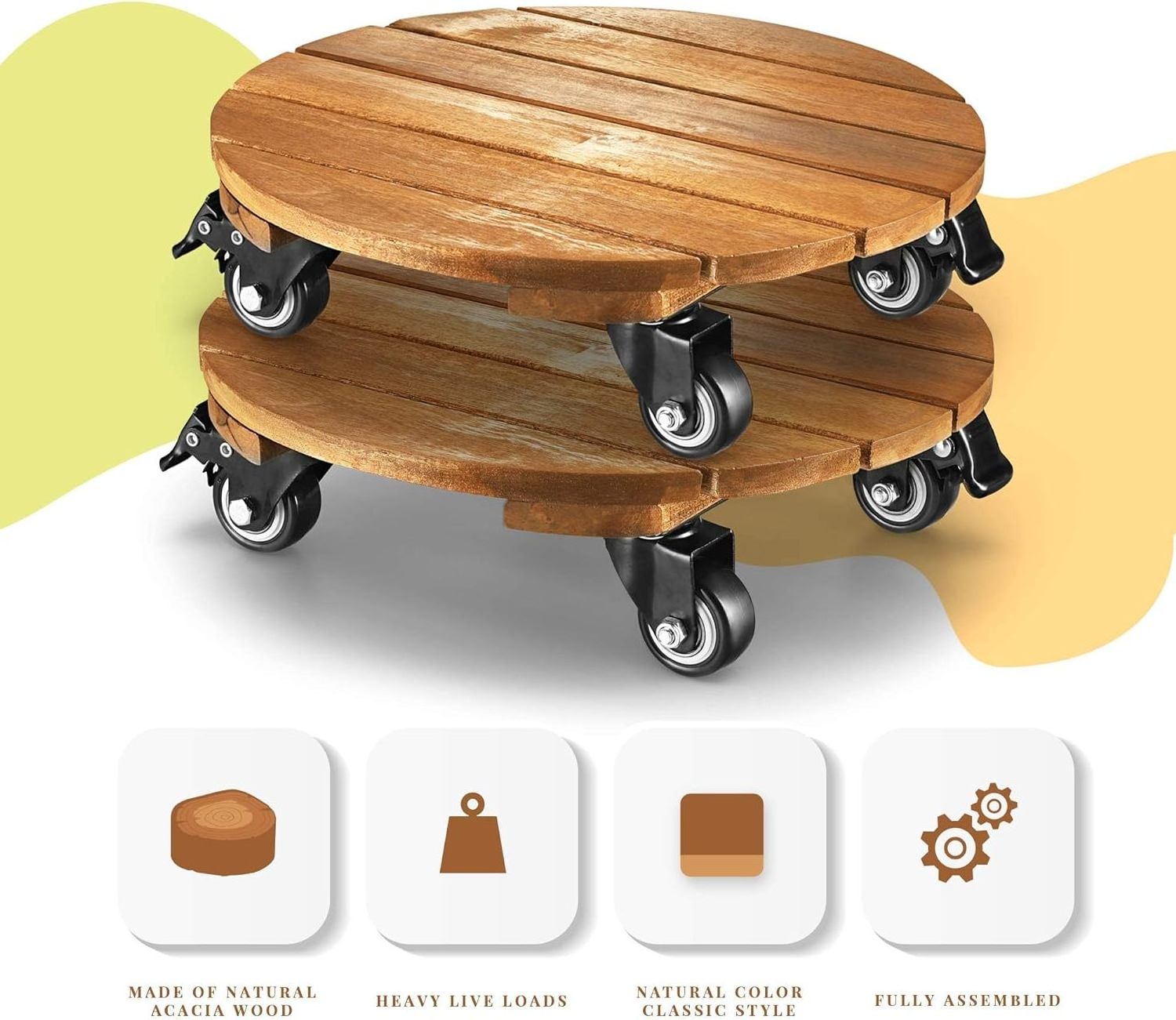 Wooden Round Plant Caddy Plant Stand with Wheels Heavy Duty Rolling Plant Stand Dolly Rollers Cart with Metal Lockable Casters