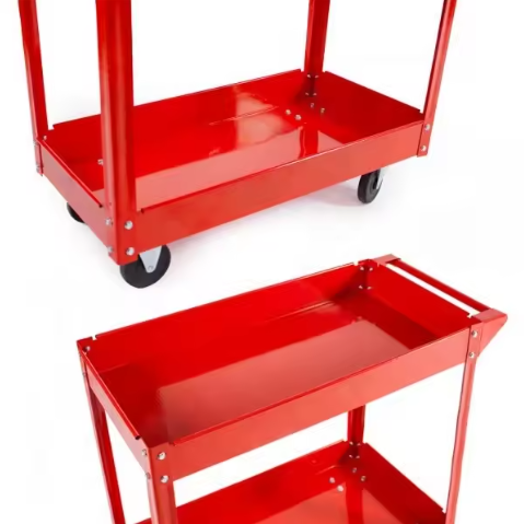 2 Tier Portable Garbage Metal 4 Wheels Utility Moveable Trolley Storage Carts Workshop Service Tool Cart