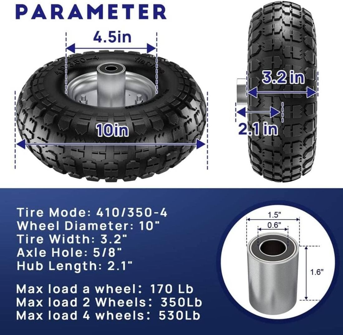 Winisok 4.10/3.50-4 Tire Wheels Flat Free,10inch Heavy Duty Solid Replacement Tire with 5/8inch Bearings for Wagon Wheelbarrow