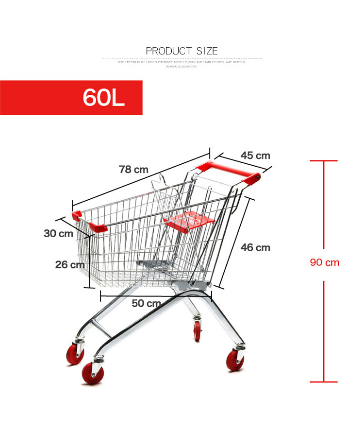 80 100 1250 150 180 210 240 280L Volume capacity Supermarket shopping trolley carts with 4 wheels