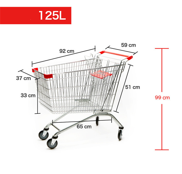 80 100 1250 150 180 210 240 280L Volume capacity Supermarket shopping trolley carts with 4 wheels