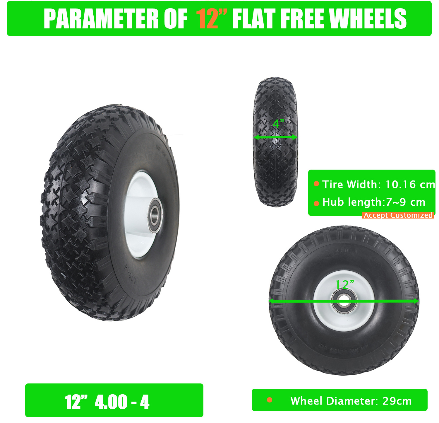 4.00-4 Pneumatic Rubber Tire Steel Wheel Rim Two Ball Bearing For Wheelbarrow Hand Truck Wagon Cart Air Wheel