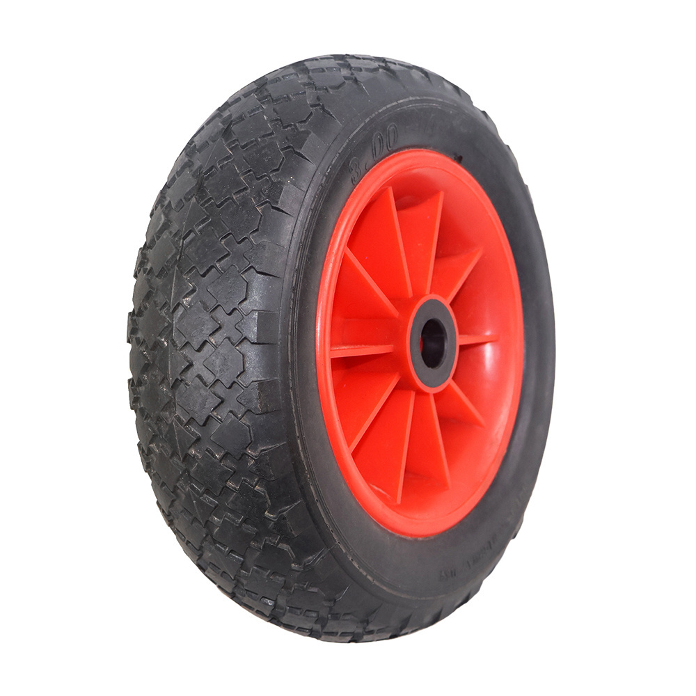 Flat-free 3.00-4 square pattern trolley wheels with plastic rim, non-slip and puncture resistant hand truck tire