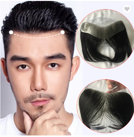 V Style Hairline Front Toupee  With Thin Skin Base Natural Hairline 100% Human Hair Men;s Wig Forehead Hairpiece