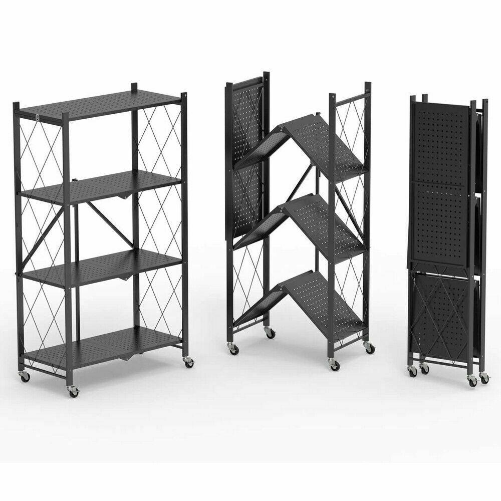 4 Layers Shelves Foldable Metal Shelf Rack Mobile Kitchen Storage Organizer Shelving Unit