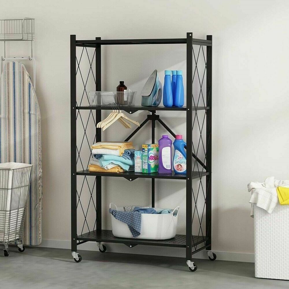 4 Layers Shelves Foldable Metal Shelf Rack Mobile Kitchen Storage Organizer Shelving Unit