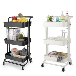 Utility Rolling Cart, , Rustproof ABS Shelving Unit w/ 3 Baskets, Book Cart for Office Kitchen Bedroom Bathroom Garage