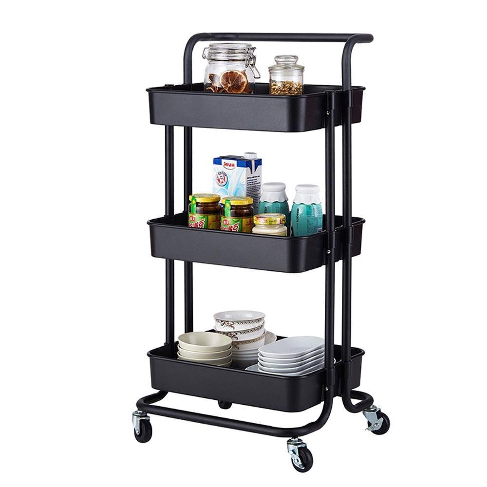 Utility Rolling Cart, , Rustproof ABS Shelving Unit w/ 3 Baskets, Book Cart for Office Kitchen Bedroom Bathroom Garage