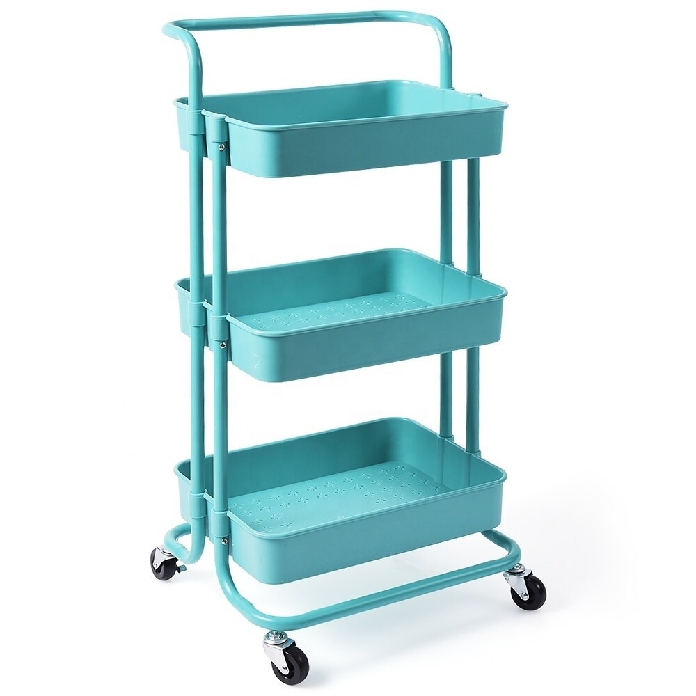 3 Tier Rolling Cart Organizer Pink Storage Utility Cart with Wheels Kitchen Cart with Handle Metal Frame with ABS Baskets