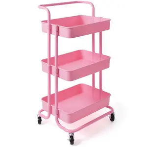 3 Tier Rolling Cart Organizer Pink Storage Utility Cart with Wheels Kitchen Cart with Handle Metal Frame with ABS Baskets