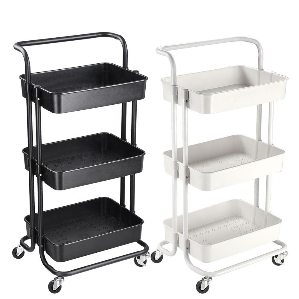 3 Tier Rolling Cart Organizer Pink Storage Utility Cart with Wheels Kitchen Cart with Handle Metal Frame with ABS Baskets