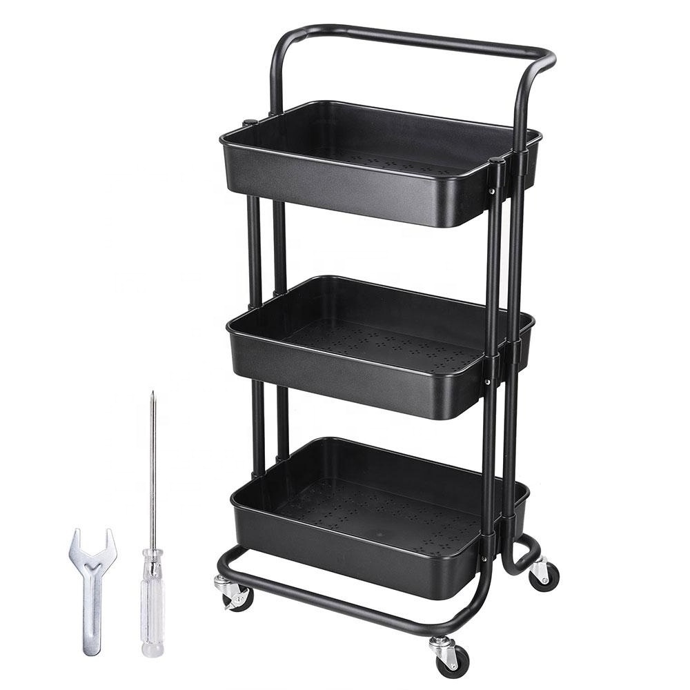 3 Tier Rolling Cart Organizer Pink Storage Utility Cart with Wheels Kitchen Cart with Handle Metal Frame with ABS Baskets