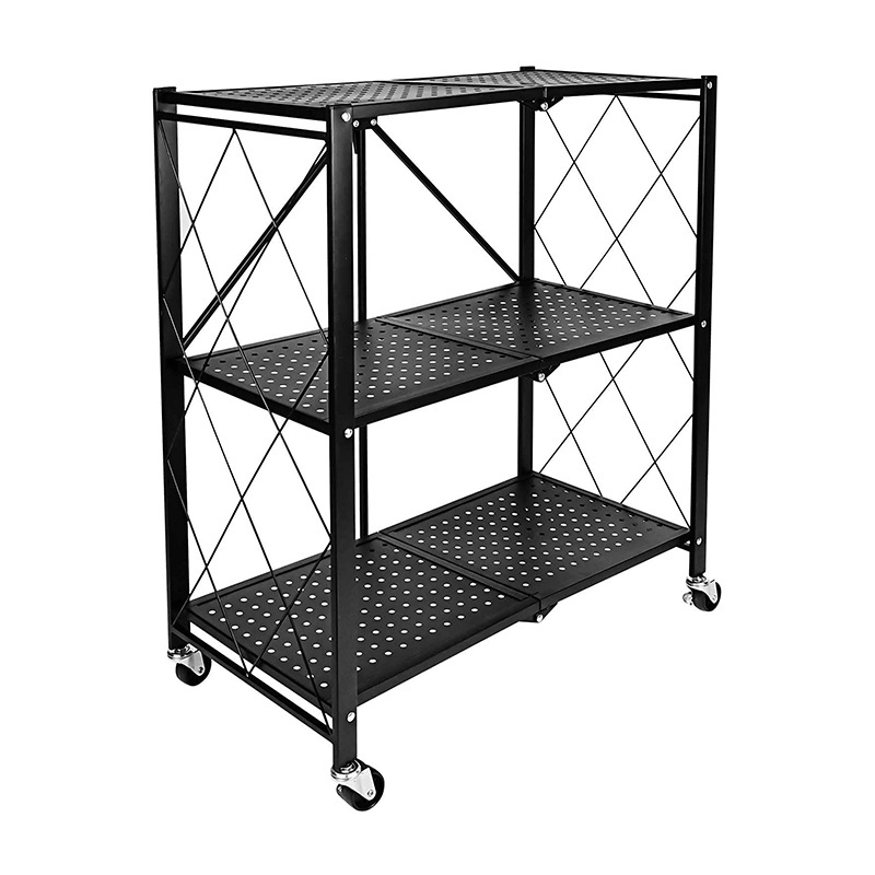 3/4/5 Tier Home Kitchen Metal Folding Storage Shelf Racks  Removable Heavy Duty Foldable Shelves With Wheels